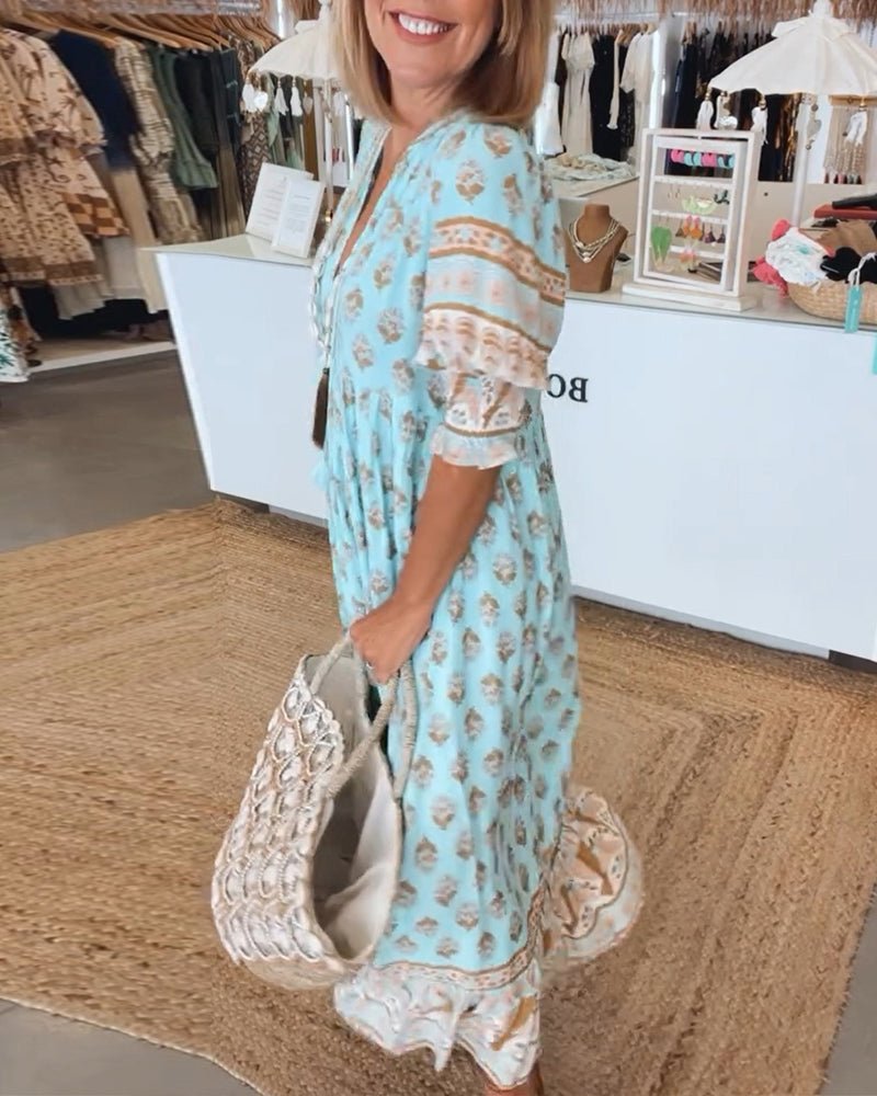 Robe midi Mana à imprimé floral bleu, vue de profil