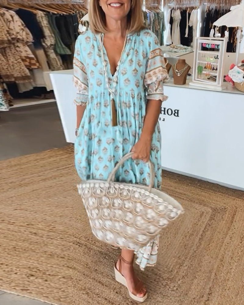 Robe midi Mana à imprimé floral bleu, vue de face
