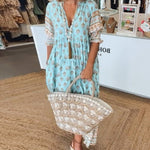 Robe midi Mana à imprimé floral bleu, vue de face