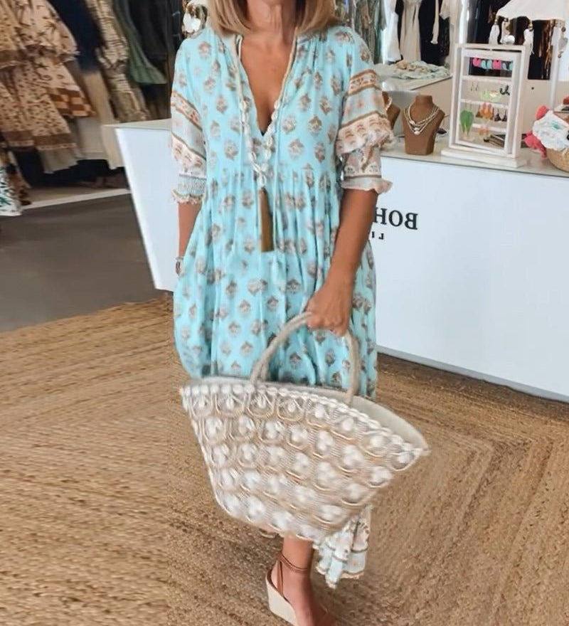 Robe midi Mana à imprimé floral bleu, vue de face