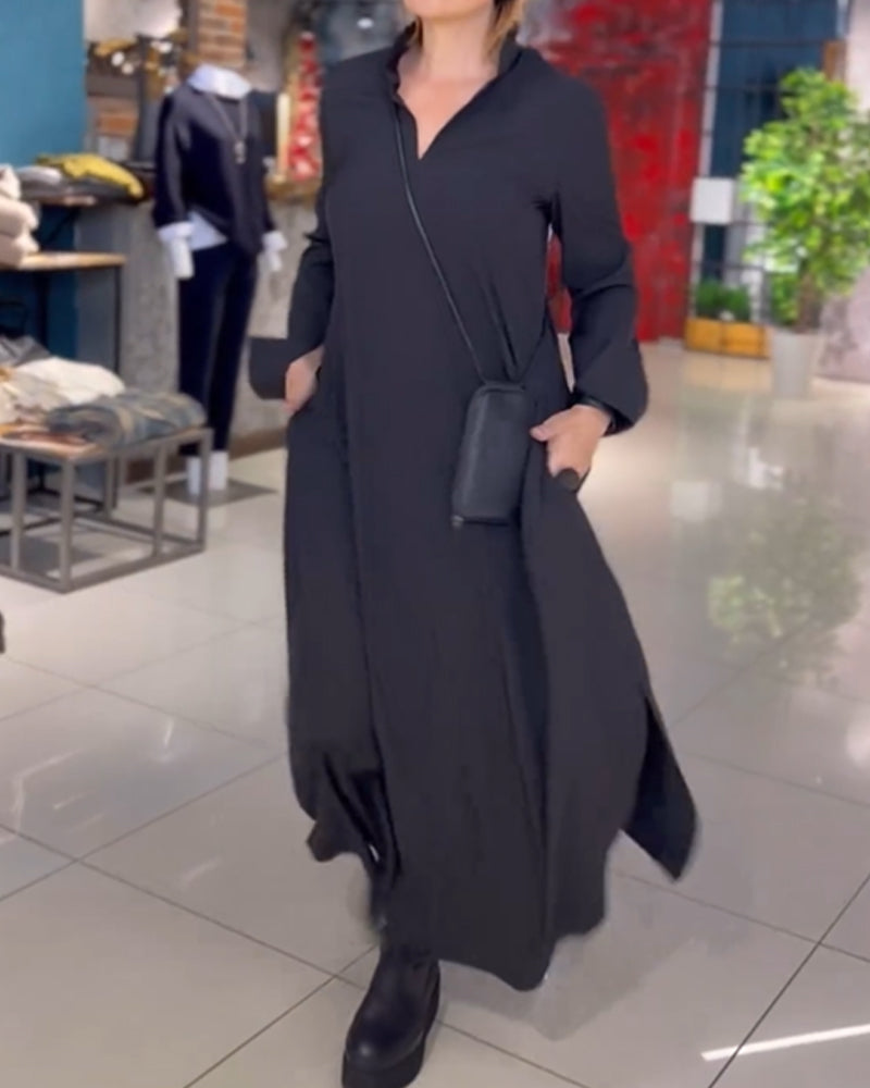 Robe longue Sylvie noire, col à revers, manches longues et fente