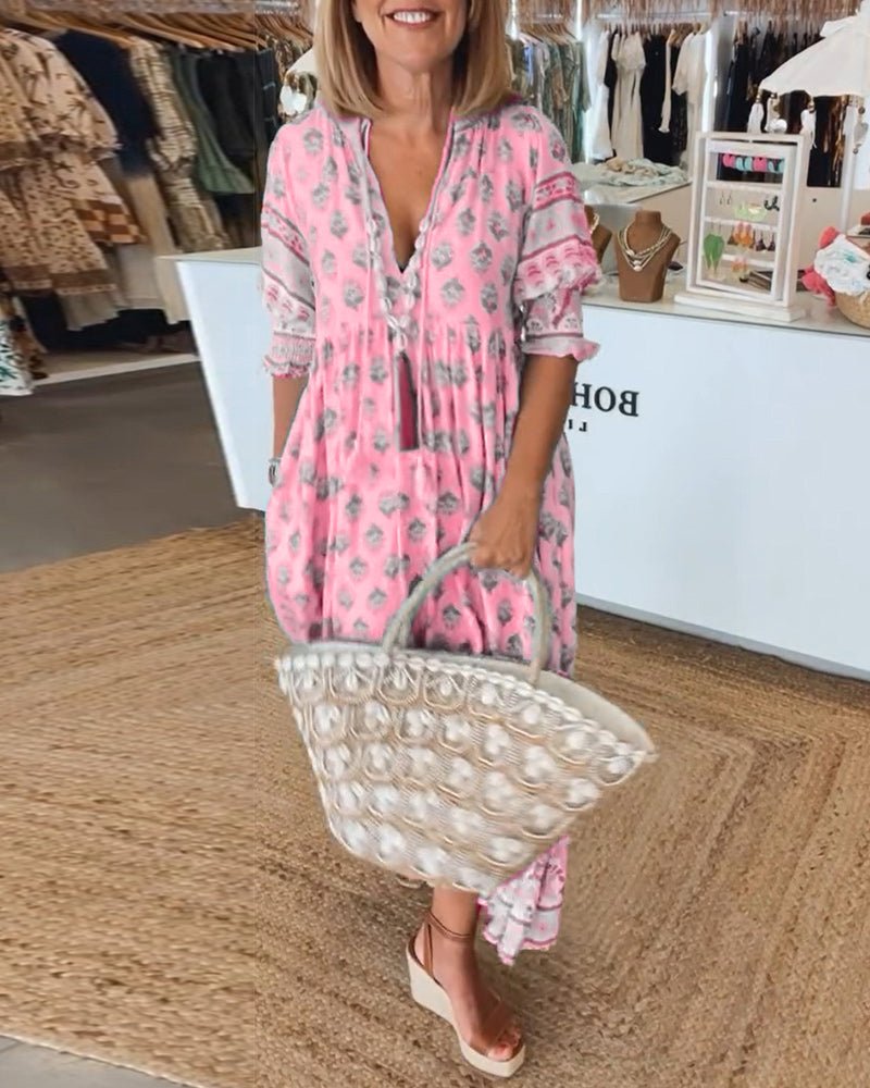 Robe midi Mana à imprimé floral rose, vue de face