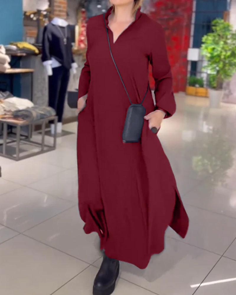 Robe longue Sylvie bordeaux, col à revers, manches longues et fente