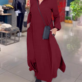 Robe longue Sylvie bordeaux, col à revers, manches longues et fente