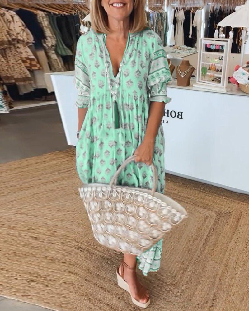 Robe midi Mana à imprimé floral vert, vue de face
