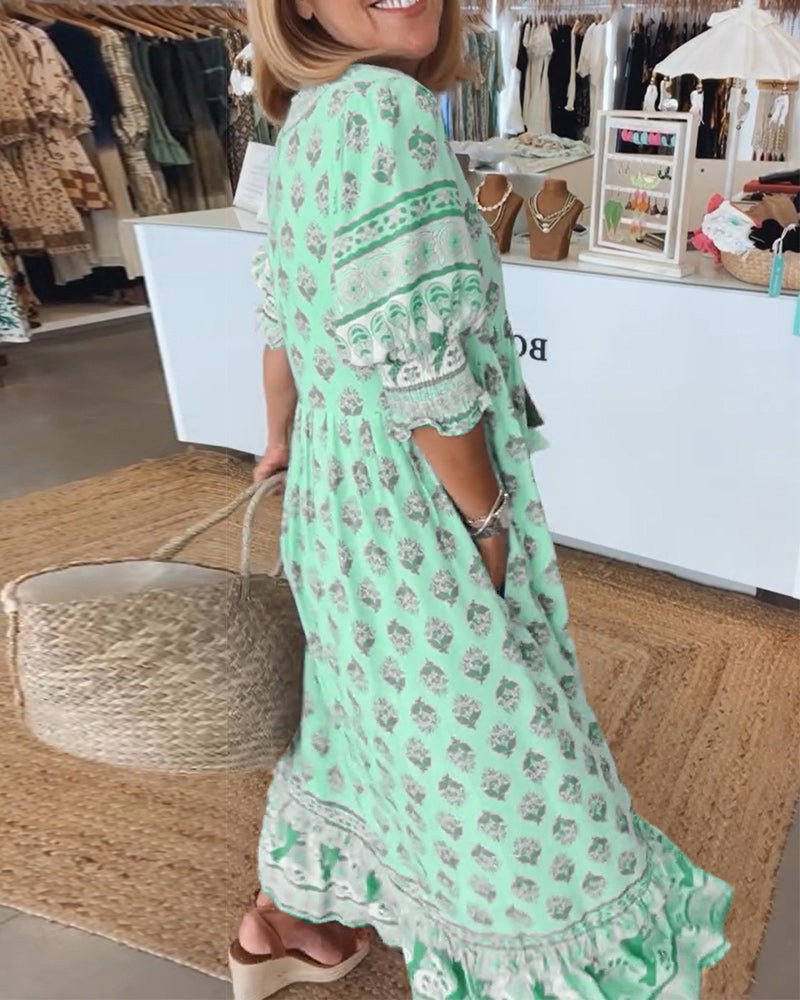 Robe midi Mana à imprimé floral vert, vue de dos
