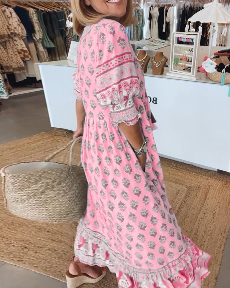 Robe midi Mana à imprimé floral rose, vue de dos