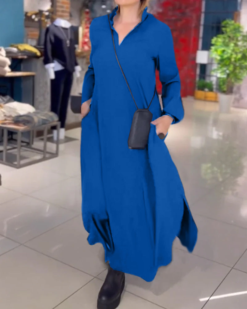 Robe longue Sylvie bleue, col à revers, manches longues et fente