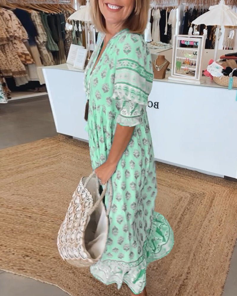 Robe midi Mana à imprimé floral vert, vue de profil