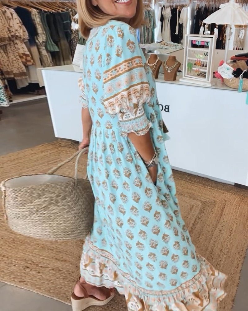 Robe midi Mana à imprimé floral bleu, vue de dos